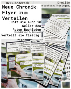 Share Pic zum Thema 'Flyer verteilen'. Ein Foto der Plakte, Flyer und Visitenkarten. Drüber ein weißer Balken mit schwarzer Schrift: "Flyer zum Verteilen - Holt sie euch im Keller des Roten Beuchladen (Nikolaikirchhof 7, Göttingen) verteilt sie fleißig!"