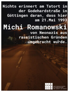 Share Pic zu dem Beitrag. Große vierspurige Straße bei Nacht mit orangen leuchtenden Laternen. Über das Bild ist weißer Text:"Nichts erinnert am Tatort in der Godehardstraße daran, dass hier vor mehr als 30 Jahen Michi Romanowski von Neonazis aus rassistischen Gründen umgebracht wurde." Unten das Logo des ABAG. Um das Foto ist ein kleiner weißer Rahmen. 